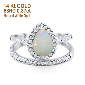 14K White Gold 0.37ct Pear 8mmx6mm G SI Natural White Opal Diamond Bridal Engagement Wedding Ring Size 6.5